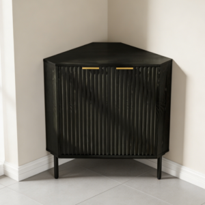 Modern Fluted Black Corner Cabinet with Metal Legs
