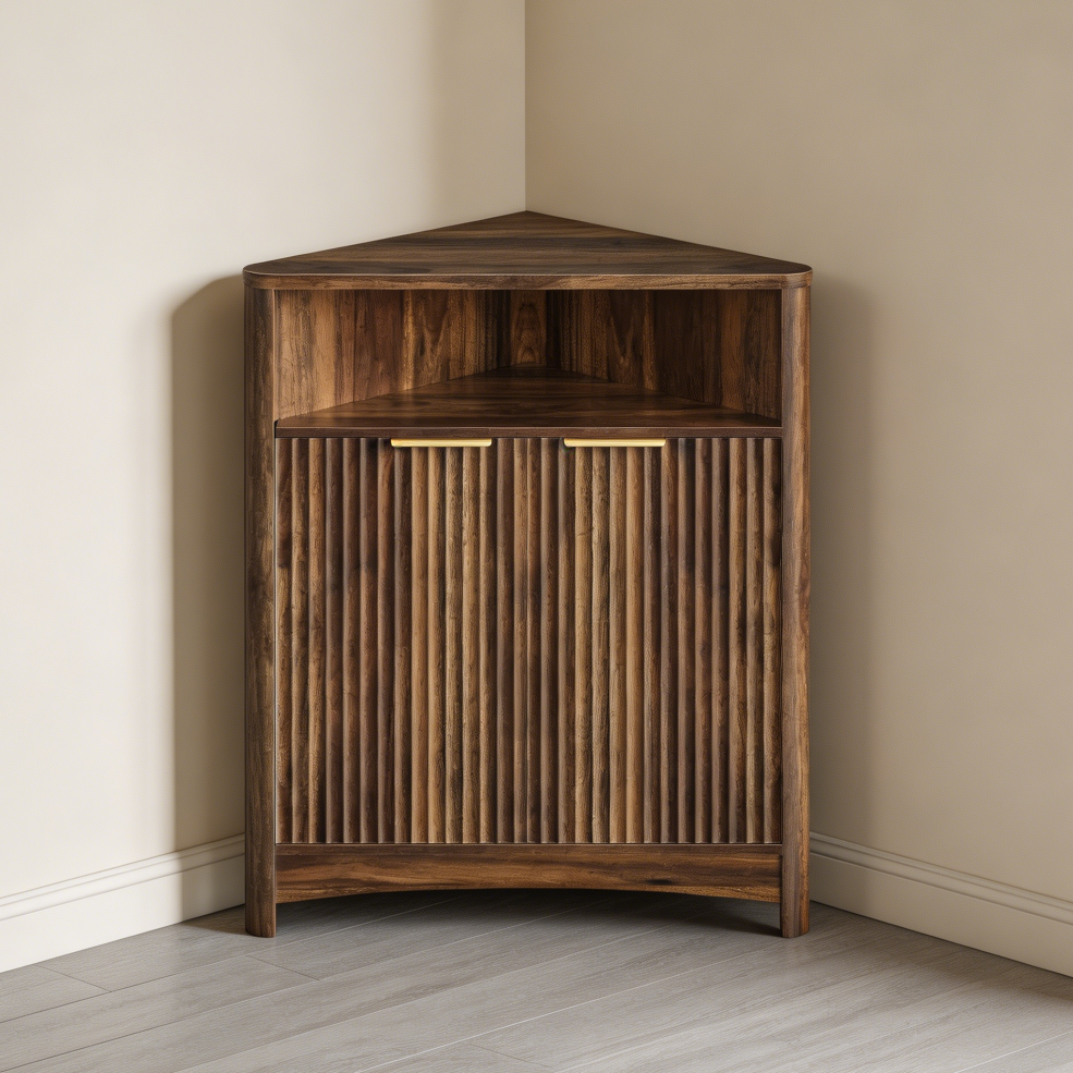 Walnut Fluted Panel Corner Cabinet with Adjustable Shelf