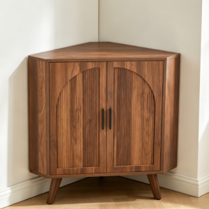 Brown Fluted Corner Cabinet with Arched Door